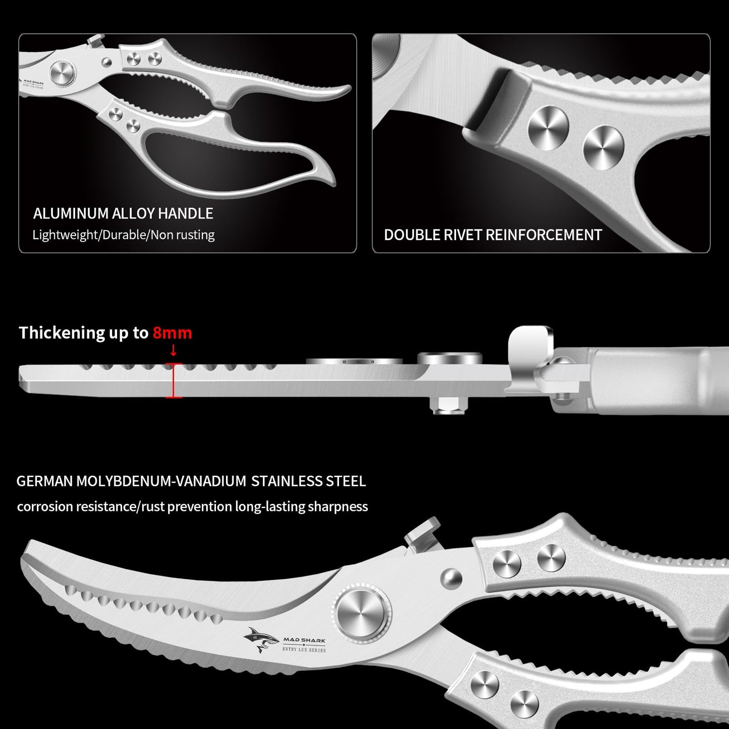 MAD SHARK Heavy Duty Poultry Shears, Kitchen Shears with Non-Slip Handle & Safety Lock, All Purpose Kitchen Scissors for Chicken, Meat Cutting, Turkey, Fish, Vegetables, Spring Loaded, Dishwasher Safe