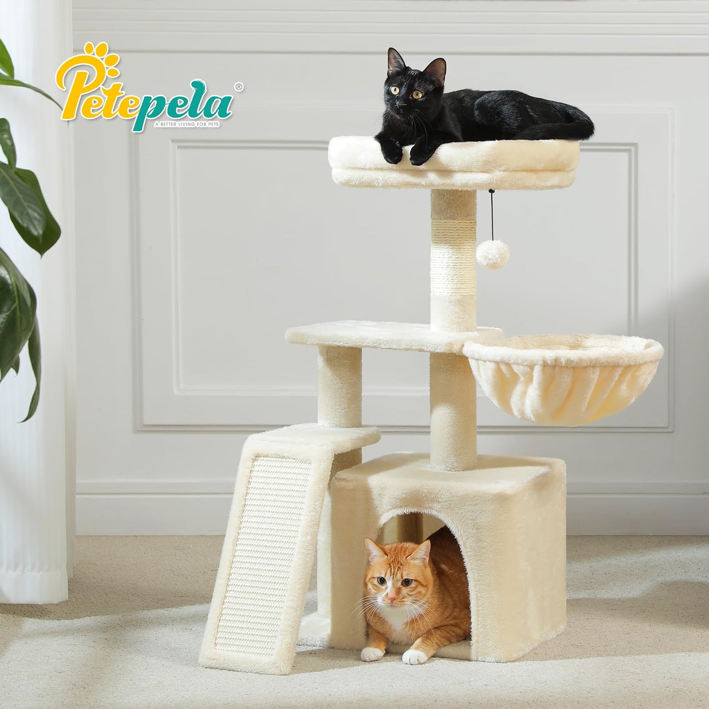 PETEPELA Small Cat Tree for Indoor Cats, 32'' Cute Cat Tower Cat Condo with Sisal Scratching Ramp, Cozy Hammock and Removable Top Bed Perch for Kittens, Beige