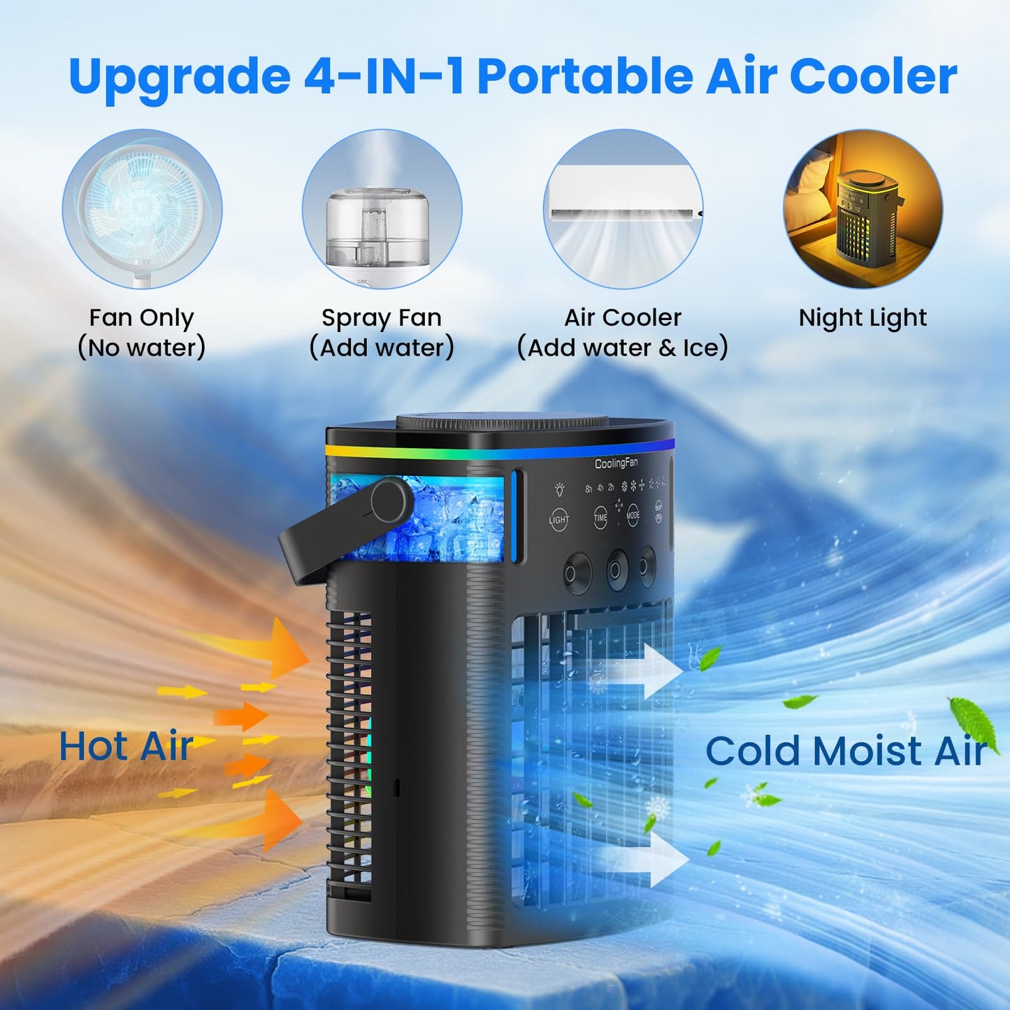 Portable Air Conditioners, Mini Air Conditioner Portable Cooling Fan with Remote Control, 3 Wind Speed & 3 Mist Level & 2-8H Timer & 7 LED Light Evaporative Air Cooler for Home Office Room, Black