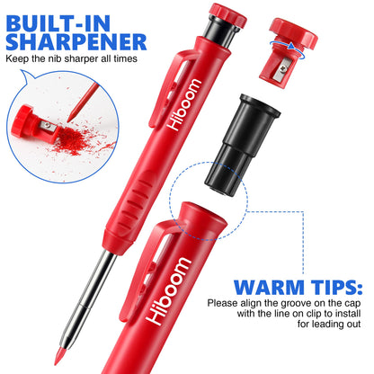Hiboom Mechanical Carpenter Pencils with Solid Deep Hole Woodworking Pencils with Built in Sharpener & Refills, Automatic Center Punch, Carbide Scribers Tool Set for Architect Construction