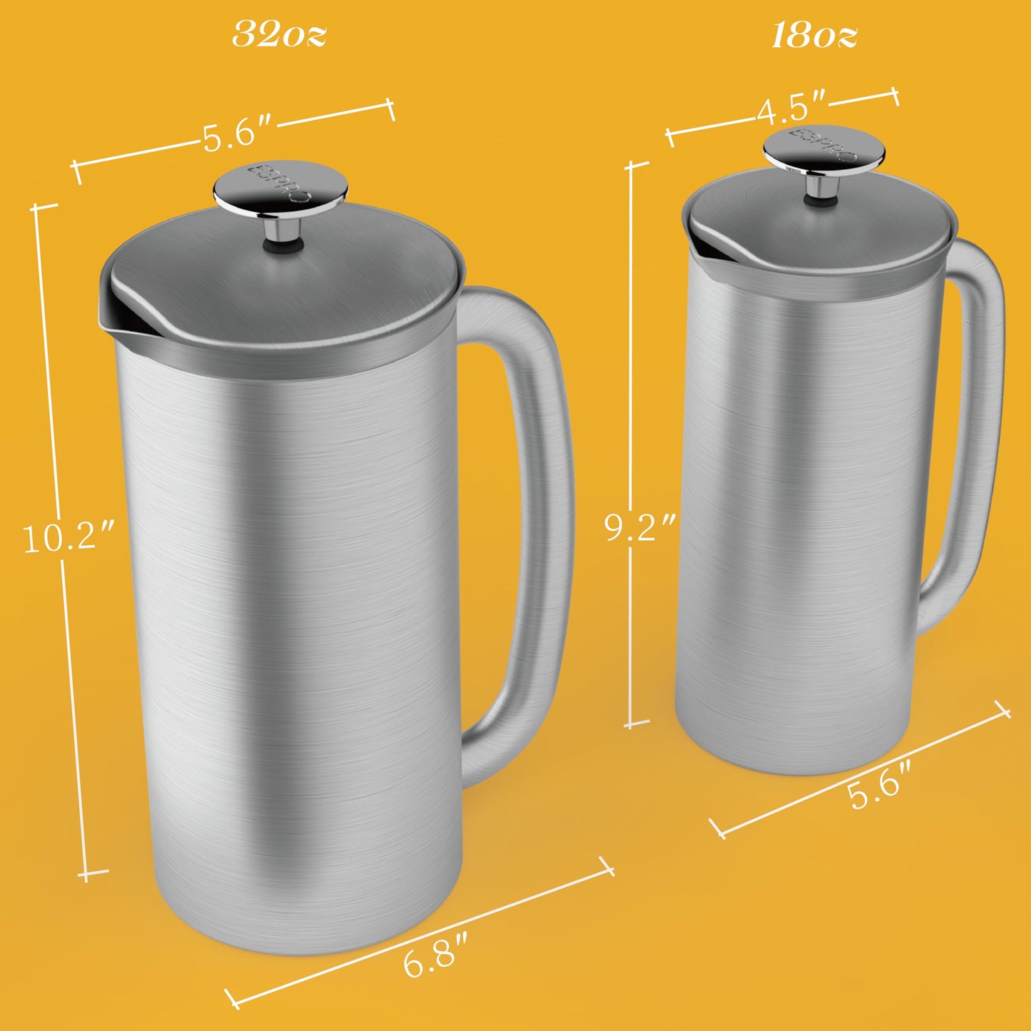 ESPRO P7 French Press Coffee Maker - Double-Walled Stainless Steel Insulated with Micro-Filter, 18 Oz, Brushed Stainless Steel