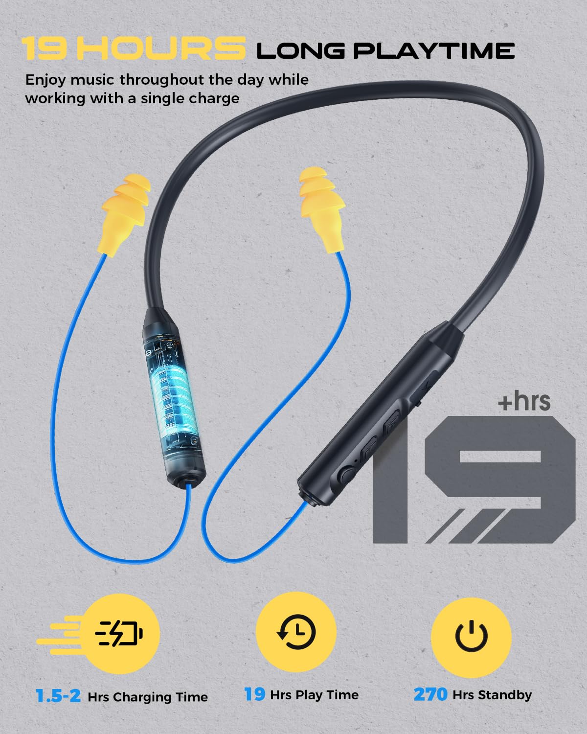 MIPEACE Bluetooth Earplug Headphones, Neckband Wireless Earbuds earplugs-29db Noise Reduction isolating in-Ear earplug Earphones and Controls,IPX5 sweatproof,19+Hour Battery(Blue)