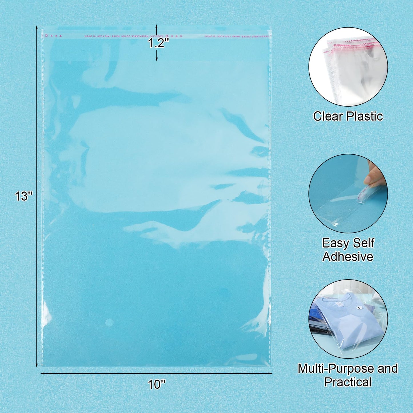 200 Pcs Resealable Poly Clear Shirt Bags with 7 Sizes 3500 Pcs Clothing Size Stickers Labels Self Sealing Plastic Bag for Small Businesses Packaging T Shirts Retail Storage(10 x 13 Inch)