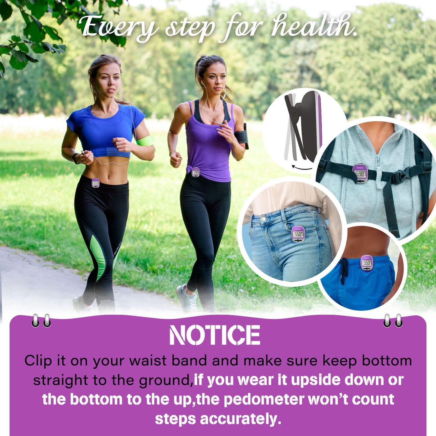 PINGKO Outdoor Multi-Function Portable Sport Pedometer Step/Distance/Calories/Counter - Purple