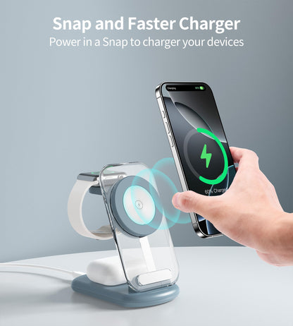 3 in 1 Magnetic Wireless Charging Station for Apple Devices, Fast Foldable Travel Mag-Safe Charger Stand with Night Light for iPhone 16 15 14 13 12 Series, Apple Watch/AirPods Pro,LB
