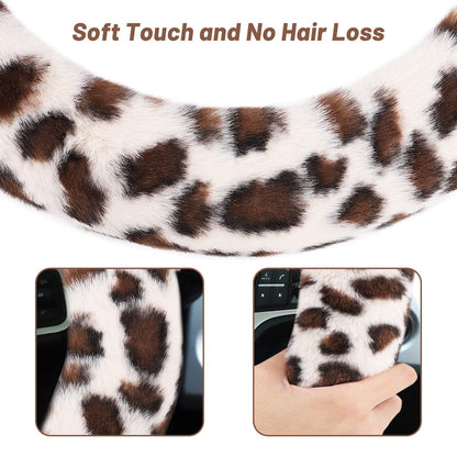 Fuzzy Steering Wheel Cover for Women Girls, Accmor Universal Fit 15 inch Fur Car Wheel Cover & Handbrake Cover & Gear Shift Cover Set, Fashion Leopard Winter Warm Fluffy Vehicle Wheel Protector