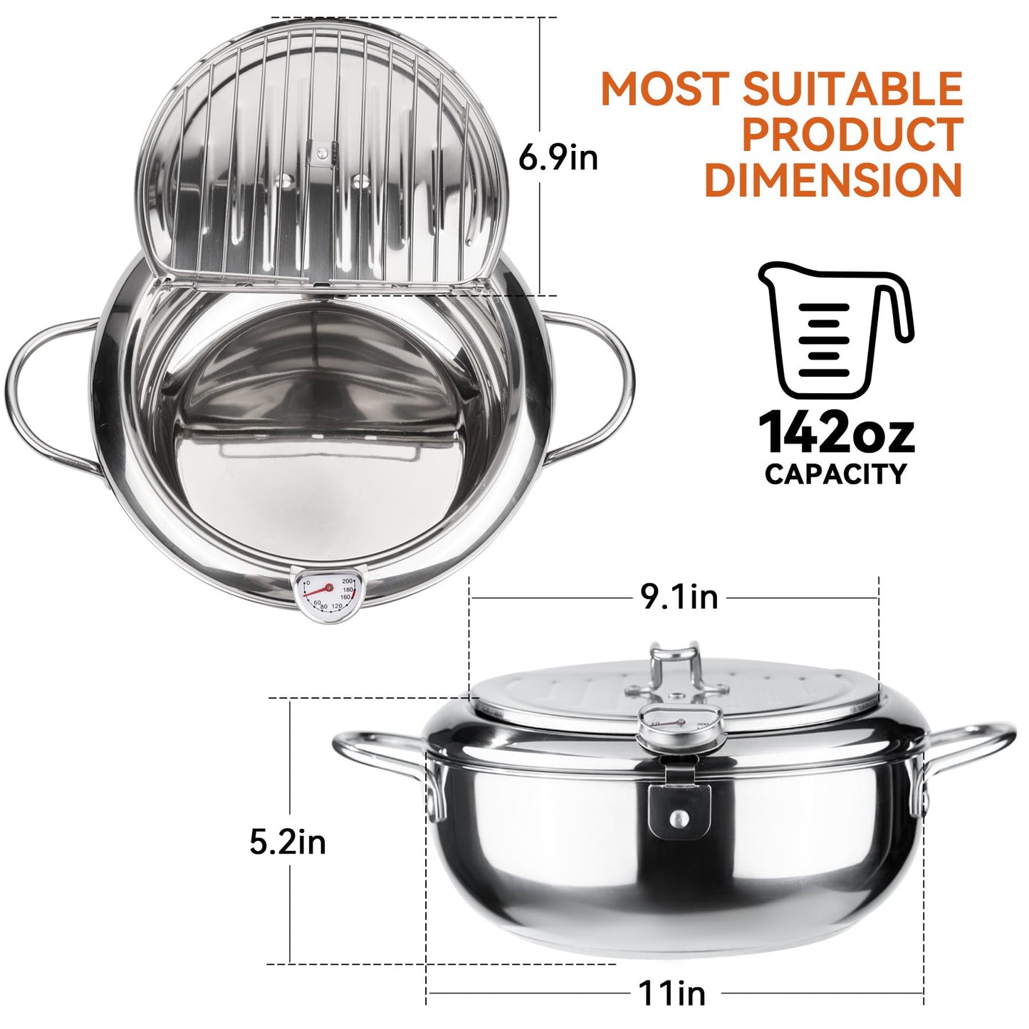 Kerilyn Deep Fryer Pot, 11 Inch/4.2 L Janpanese Style Tempura Frying Pot with Lid, 304 Stainless Steel with Temperature Control and Oil Drip Drainer Rack, for Kitchen French Fries, Chicken etc