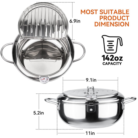 Kerilyn Deep Fryer Pot, 11 Inch/4.2 L Janpanese Style Tempura Frying Pot with Lid, 304 Stainless Steel with Temperature Control and Oil Drip Drainer Rack, for Kitchen French Fries, Chicken etc