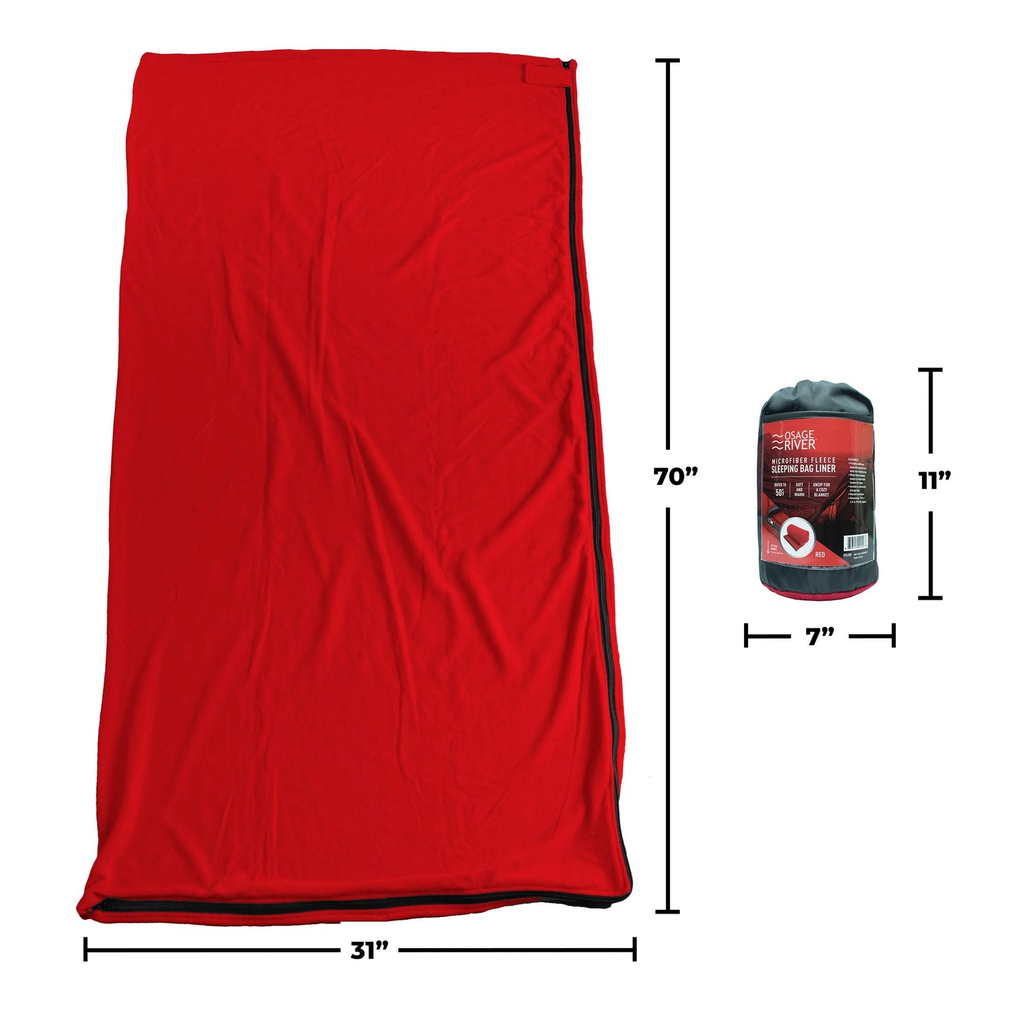 OSAGE RIVER Sleeping Bag Liner, Microfiber Fleece Travel Sheet Sleep Sack for Camping Travel Backpacking, Lightweight Zippered Sleeping Bag Inner Liner, Adults & Kids, Red