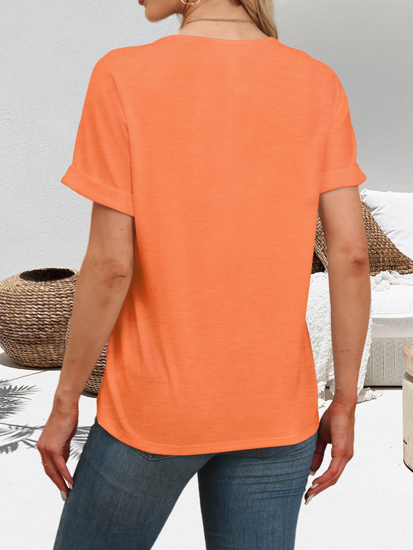 EyMuse T Shirts Short Sleeve V Neck Tees Womens Fashion Tops Trendy Lightweight Soft 2025 Casual Summer Spring Outfits Clothes Orange,M