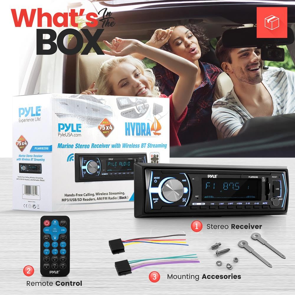 Pyle Marine Bluetooth Stereo Radio - 12v Single DIN Style Boat In dash Radio Receiver System with Built-in Mic, Digital LCD, RCA, MP3, USB, SD, AM FM Radio - Remote Control - PLMRB29B (Black)