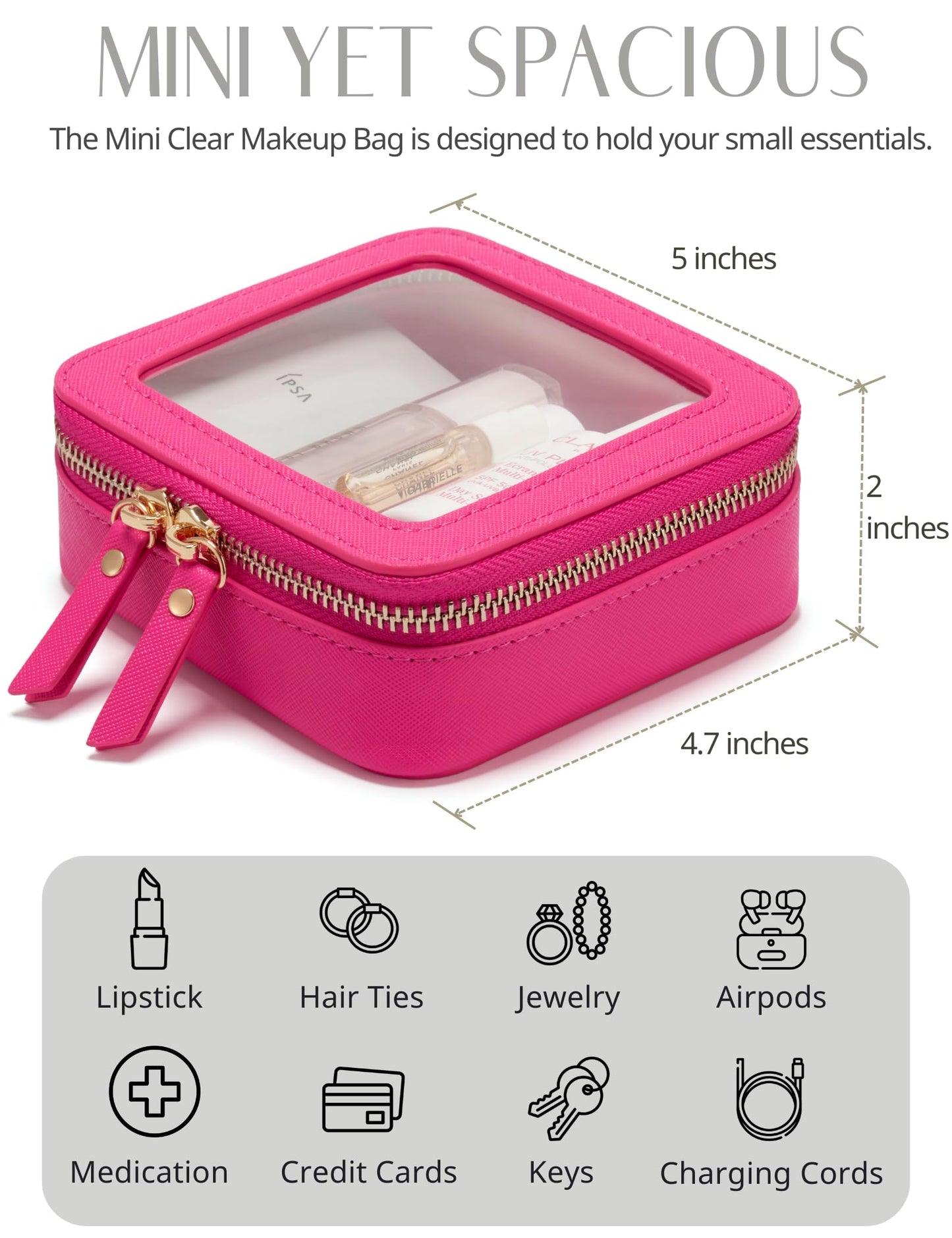 Mini Makeup Bag Clear Small Travel Cosmetic Case Leather Cute Hot Pink Pouch for Purse Organizer Make Up Bag for Women Car Toiletry Bag with Zipper for School