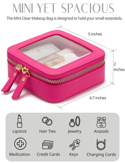 Mini Makeup Bag Clear Small Travel Cosmetic Case Leather Cute Hot Pink Pouch for Purse Organizer Make Up Bag for Women Car Toiletry Bag with Zipper for School