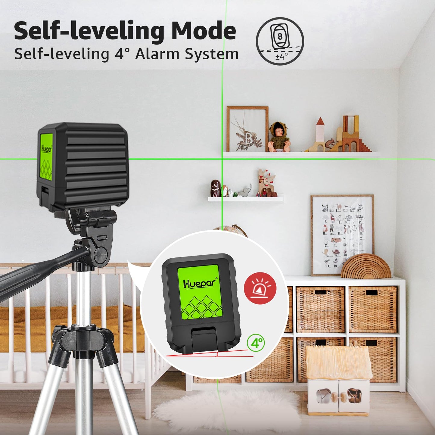 Laser Level with Tripod, Huepar 100Ft Self Leveling Green Cross Line DIY Laser Leveler Tool for Picture Hanging Floor Tile Wall Home Renovation, Gift for Him Father Husband Boyfriend (25.6in Tripod)