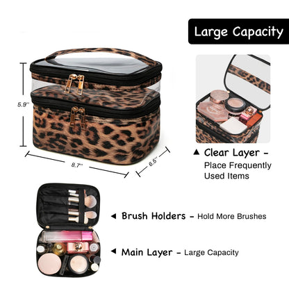 imerelez Double-layer Cosmetic Bag Makeup Bag Travel Makeup Bag Makeup Bags for Women Cosmetics Cases Portable Waterproof Foldable (Leopard)