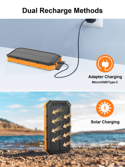 Solar-Power-Bank-Portable-Charger-42800mAh Solar Phone Charger with 4 USB Ports/LED Flashlight Fast Charge USB C External Backup Battery Pack Compatible with iPhone Tablet, for Outdoor, Camping