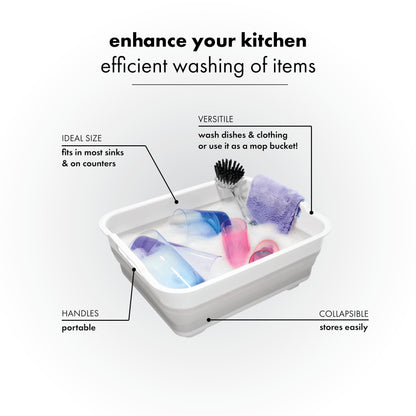 Madesmart Collapsible Dishwashing Basin with Handles, Plastic Pop-Up Dish Wash Basin for Kitchen Counters, Gray/White