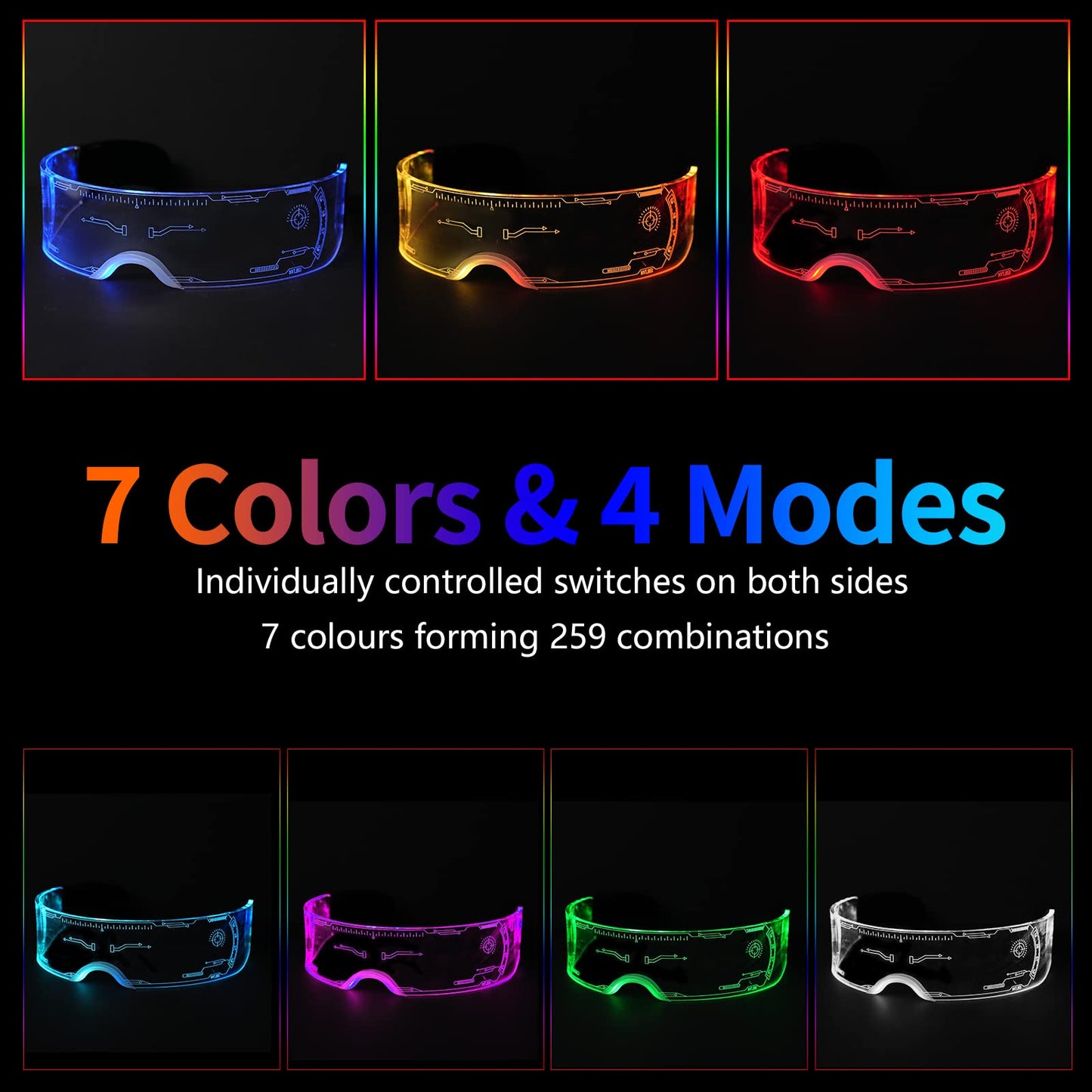 Led Visor Glasses Light Up 7 Colors and 4 Modes, Cyberpunk Glasses for Halloween Cosplay Party Bar Adults