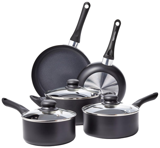 Amazon Basics Non Stick Kitchen Cookware 8-Piece Set, Non-Induction, Includes Pots and Pans, Black
