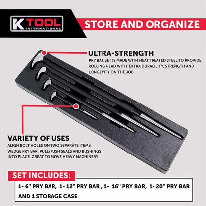 K Tool International 71600 4 Piece Pry Bar Set for Garages, Repair Shops, and DIY, Lady Slipper Style, Heavy Duty Heat Treated Steel, Rolling Head, Organizing Case, Includes Sizes 6", 12", 16", 20"