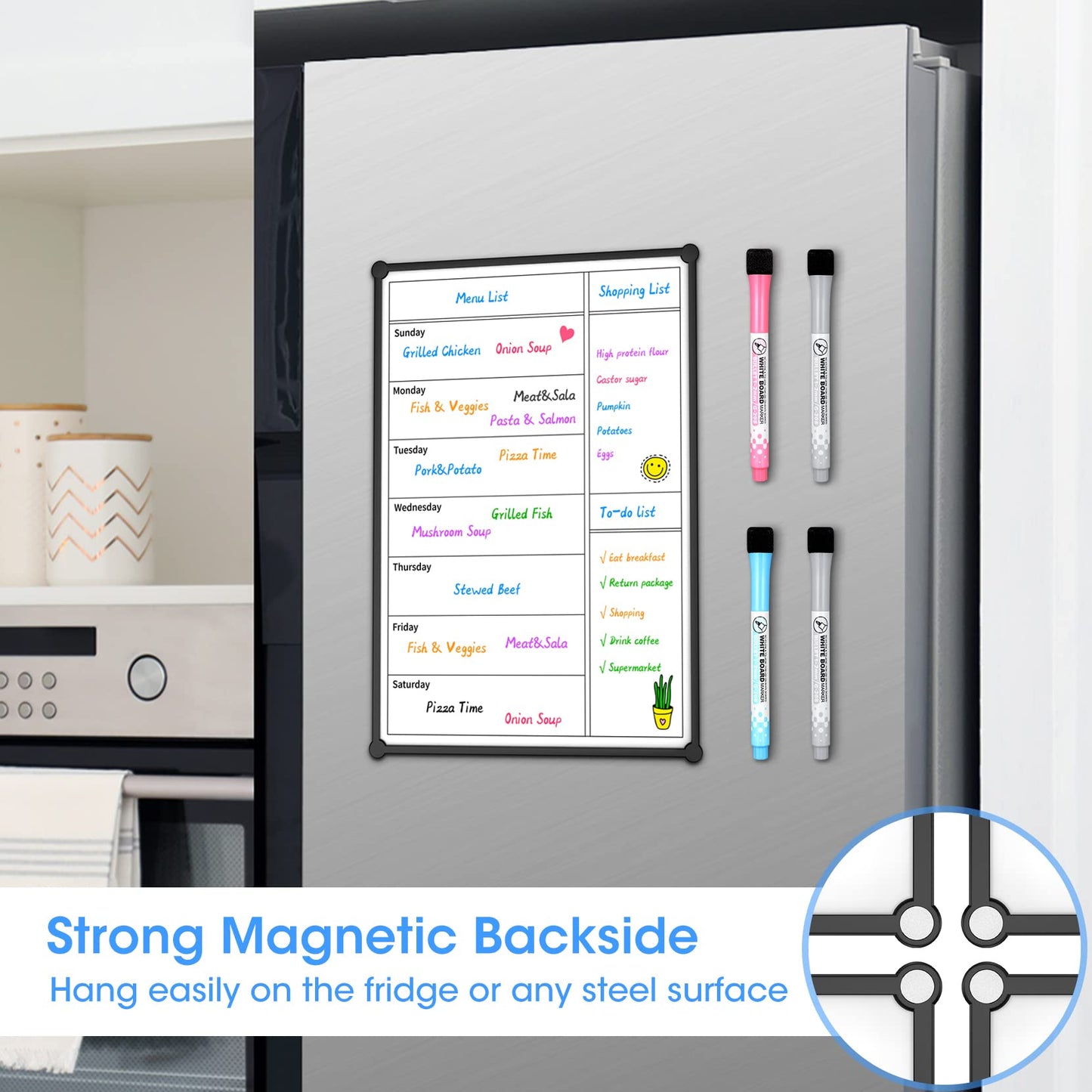 Magnetic Weekly Calendar for Fridge,12×8” , Doubleside, Grocery List, Kitchen Menu Planner Board for Fridge/Locker, 4 Marker
