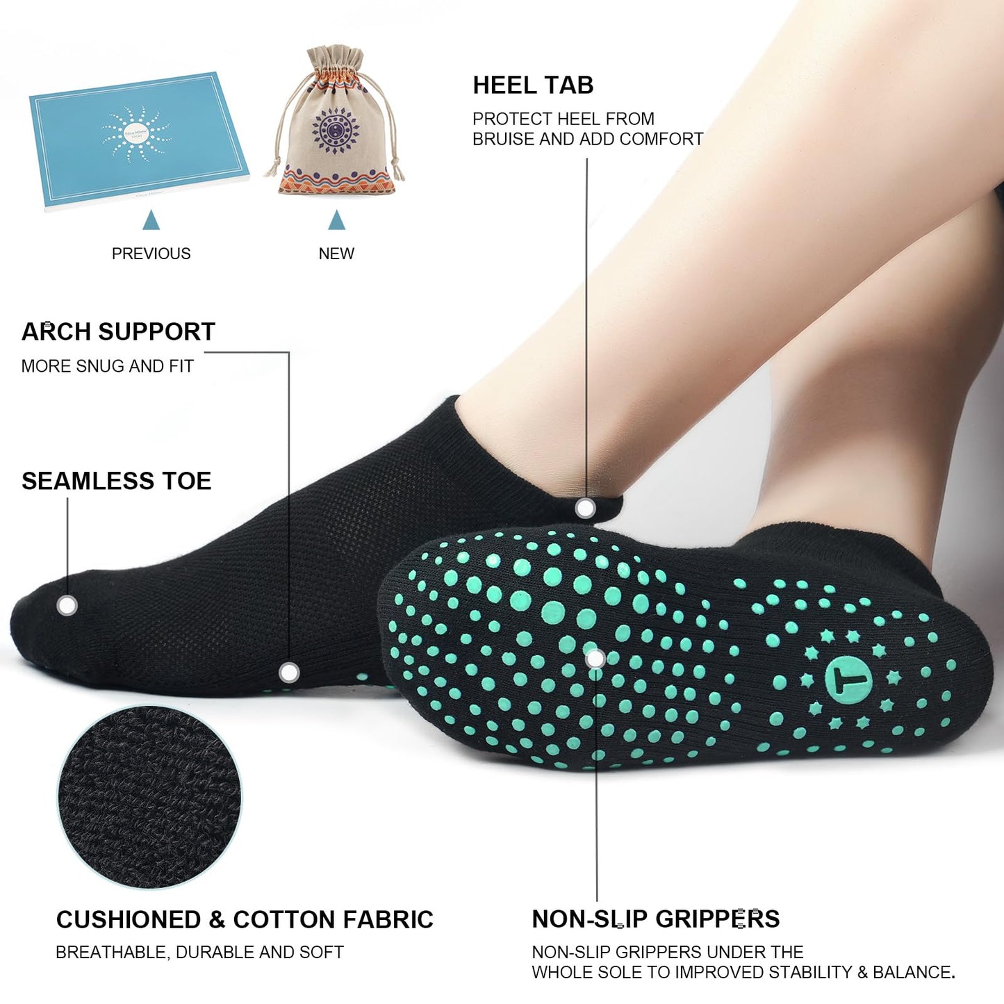 Pilates Socks for Women, Cushioned Ankle Grippy Non Slip Socks for Yoga, Hospital, Barre, Sports Home Slipper Sock 4 Pairs Black Size 9-11