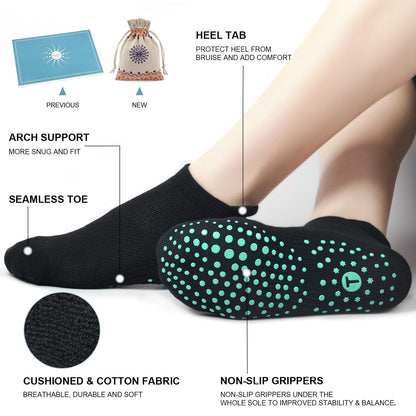Pilates Socks for Women, Cushioned Ankle Grippy Non Slip Socks for Yoga, Hospital, Barre, Sports Home Slipper Sock 4 Pairs Black Size 9-11