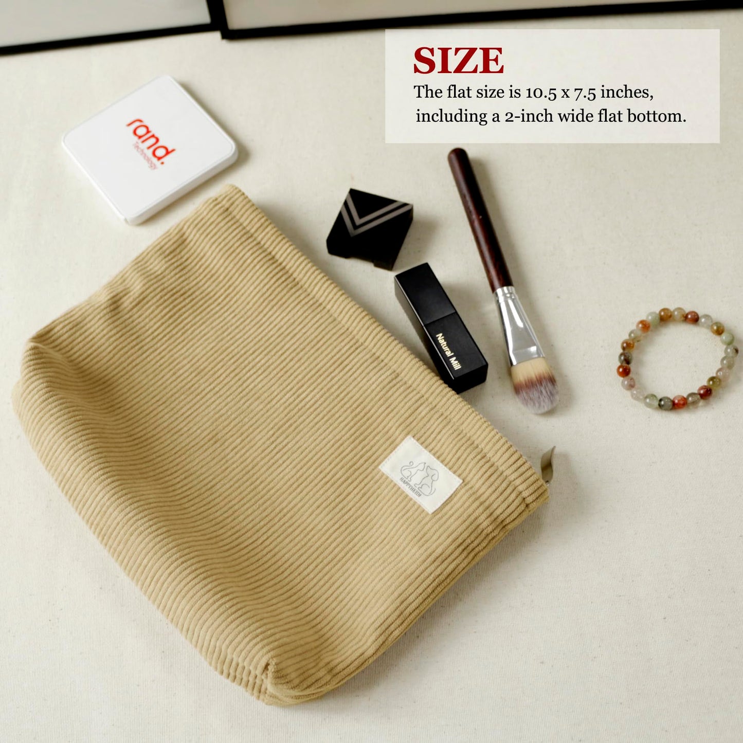 HAPPYHEIDI Creamy White Corduroy Makeup Bag Cosmetic Toiletry Travel Pouch, Make Up Accessory Purse Organizer, Canvas Lined