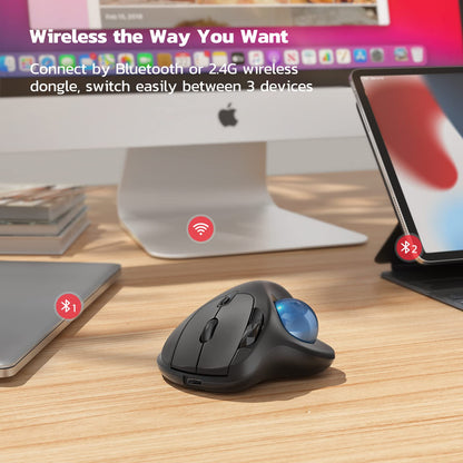 Nulea M501 Wireless Trackball Mouse, Rechargeable Ergonomic, Easy Thumb Control, Precise & Smooth Tracking, 3 Device Connection (Bluetooth or USB Receiver), Compatible for PC, Laptop, Mac, Windows.