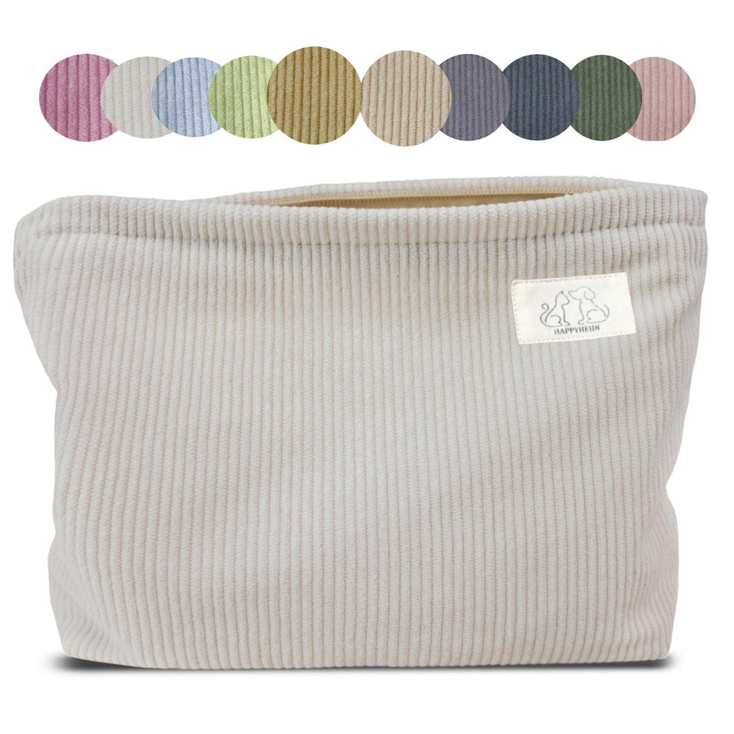 HAPPYHEIDI Creamy White Corduroy Makeup Bag Cosmetic Toiletry Travel Pouch, Make Up Accessory Purse Organizer, Canvas Lined