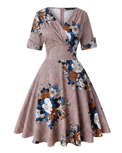 MINTLIMIT Women's V-Neck Floral Half Sleeve Midi Fit Flare Retro Dress Cocktail Dresses (Light Brown,Size XL)