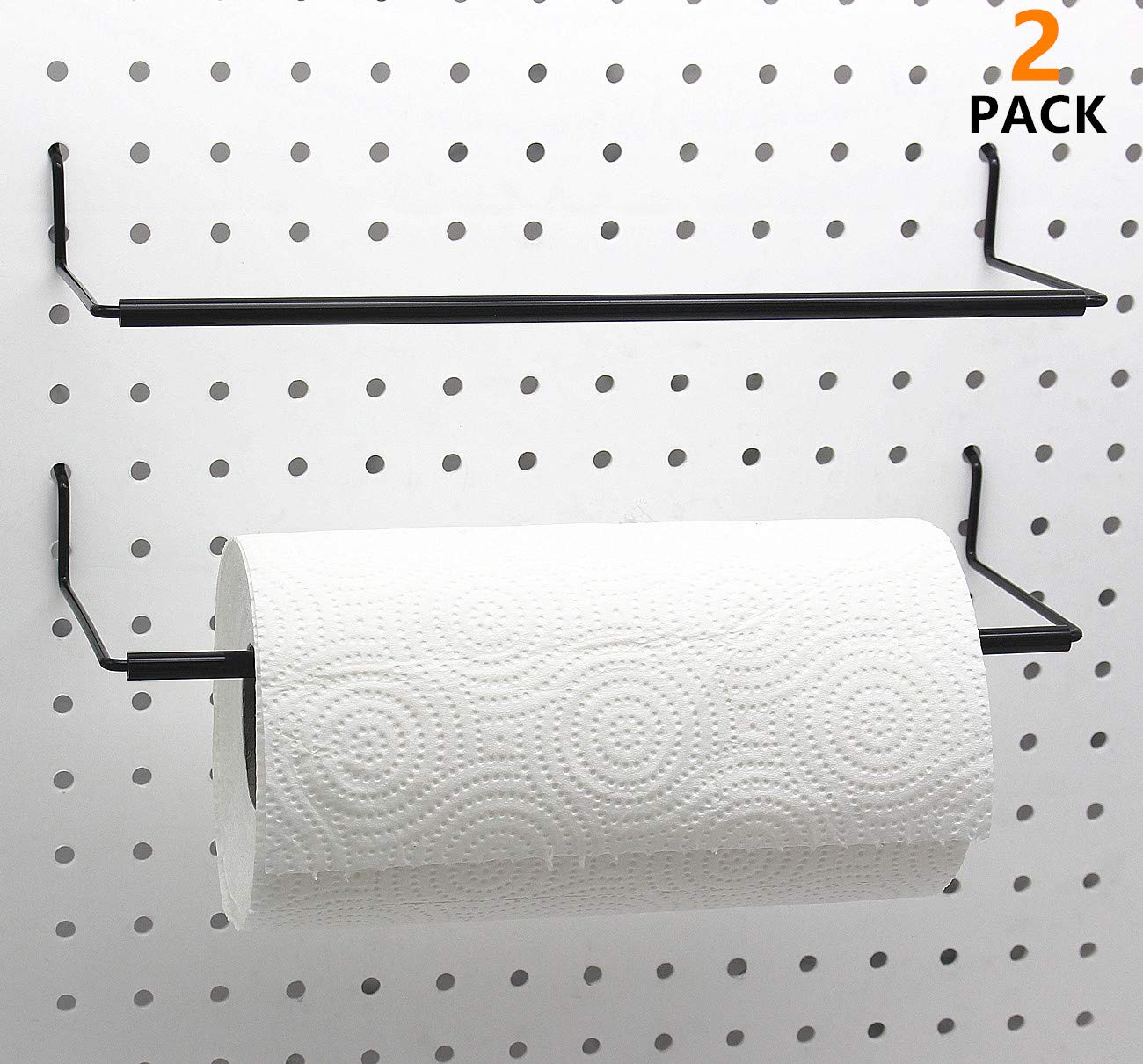 Paper Towel Holder for Pegboard, Extendable, Fit Any Standard Pegboard, Pegboard Organization Accessory Hook for Workshop, Garage, Kitchen, Laundry Room, Bathroom 2 Packs, Black (2 PCS)