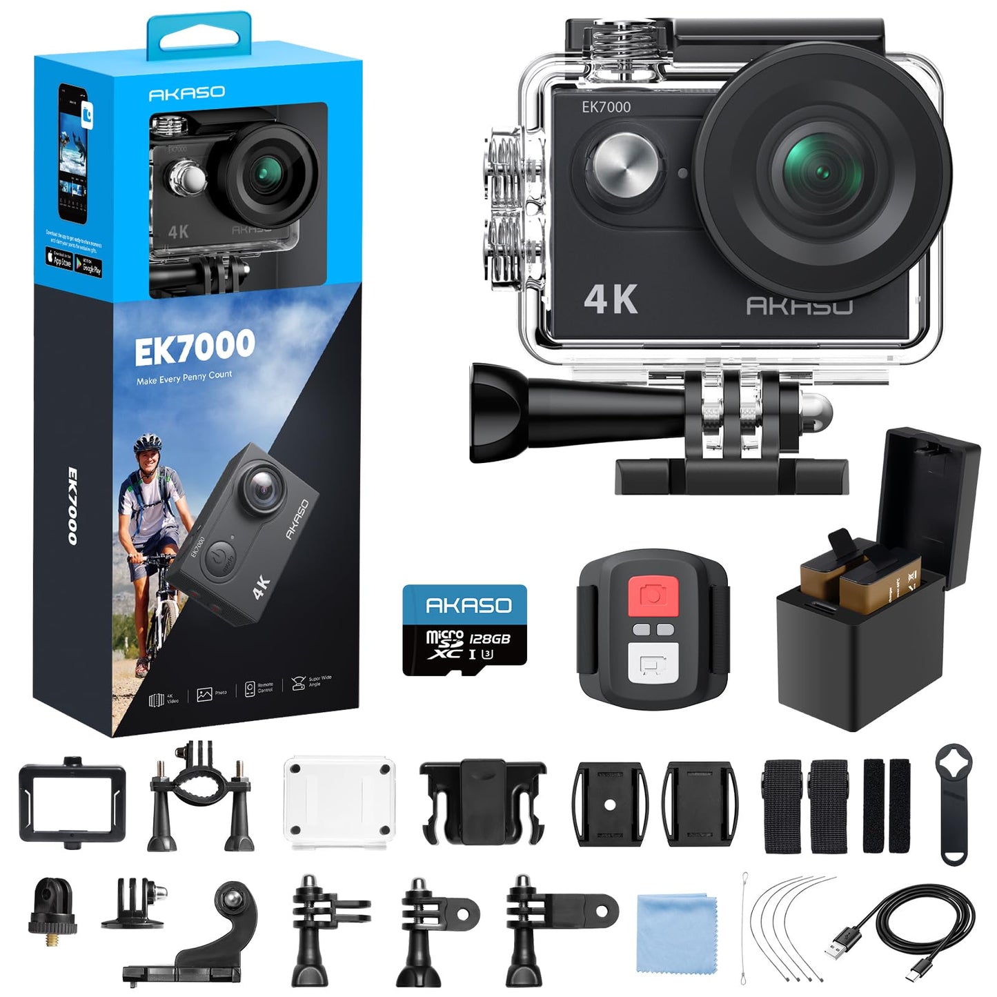AKASO EK7000 4K30fps Action Camera with 128GB MicroSDXC U3 Memory Card Accessories Kit Bundle Ultra HD 131FT Waterproof Camera EIS WiFi Remote Control 4X Zoom Underwater Camera
