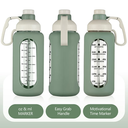 MUKOKO 64oz Glass Water Bottles with Straw, Half Gallon Water Jug with Time Marker, Sports Large Motivational Bottle with Silicone Sleeve, Olive