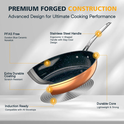 Nuwave 3-Piece 8”, 10”, 12” Forged Lightweight Frying Pan Set, G10 Healthy Duralon Blue Ceramic Ultra Non-Stick, Ergonomic Stay-Cool Handles, Induction-Ready & Works on All Cooktops