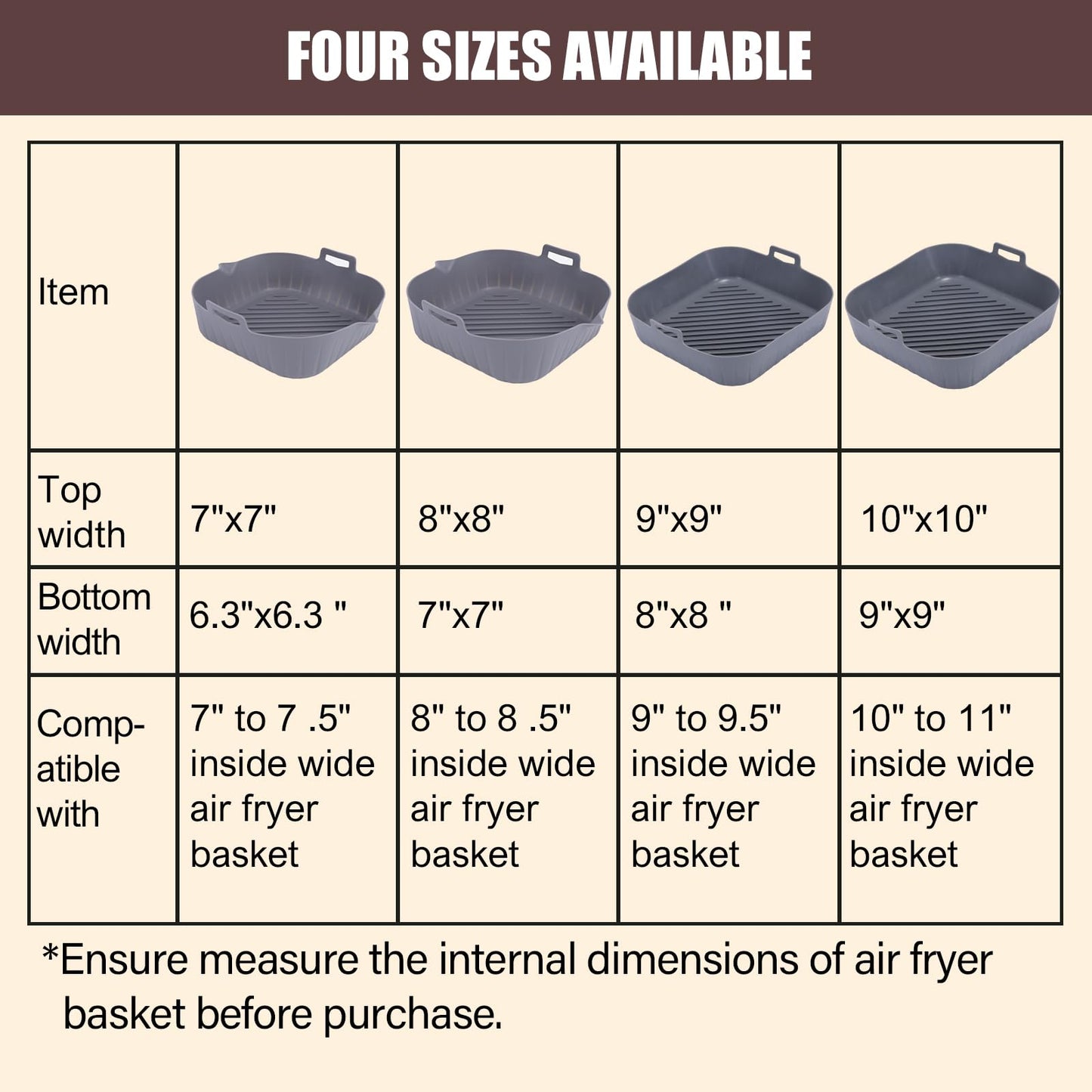 Golden Associate Silicone Liners Square for Air Fryer, 2 Pcs Non-stick Food-grade Reusable Basket Silicone Pot Baking Tray Airfryer Accessories, Top Size 8 inches, Bottom Size 7 inches