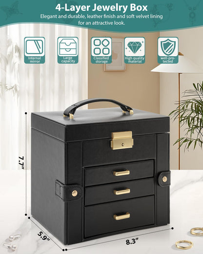 AKOZLIN 4-Tier Jewelry Box Leather Jewelry Storage Organizer with 3 Drawers Lockable for Women Girls Ring Necklace Earring Bracelet Holder with Mirror Black