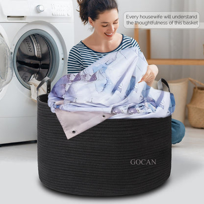 GOCAN Extra Large Storage Laundry Basket 22" X 22"X 14" Cotton Rope Woven for Blanket Basket with Handles for Living Room Toys Storage XXXL (Pure Blk)