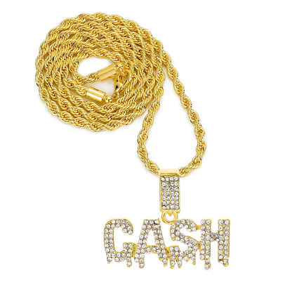 HH BLING EMPIRE Iced Out Name Pendant Chain Necklaces for Men Gold Silver Diamond Letter Necklace Hip Hop Cash Rope Chains 24 Inch (Cash-Gold,& Rope)