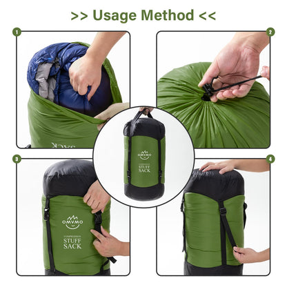 OMVMO Sleeping Bag Stuff Sack, 11L/18L/30L/45L/52L Water-Resistant Compression Sack,Anti-Tear Ultra Light Nylon Storage Bag，Black/Yellow/Orange/Dark Blue/Dark Green/Sky Blue (Dark Green, XXL/53L)