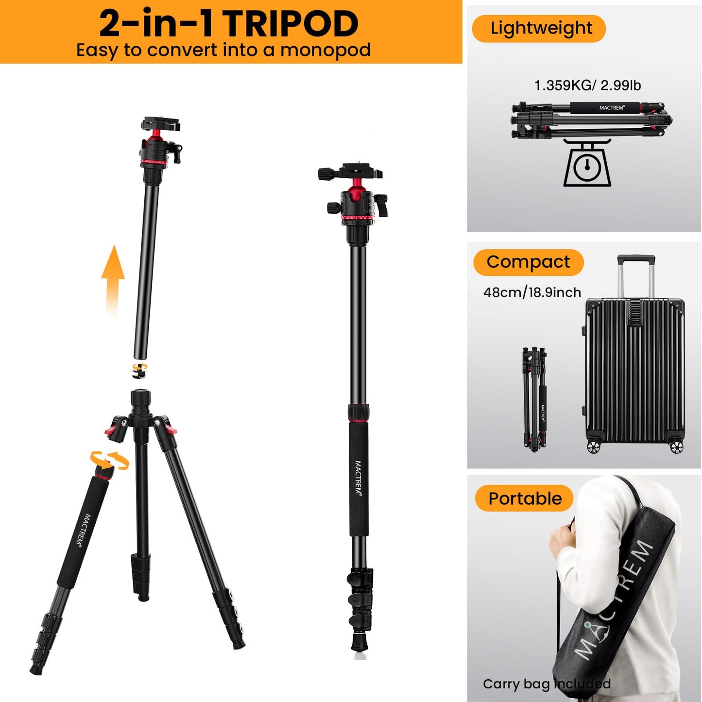 MACTREM Camera Tripod, 67 inch/172cm Aluminum Travel Tripod & Monopod with 360°Ball Head, Lightweight Camera Stand for Smartphone iPad Canon Nikon Sony Binoculars Laser Level Telescope