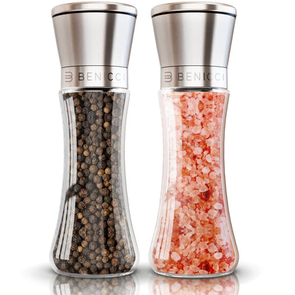 Premium Salt and Pepper Grinder Set of 2 - Two Refillable Stainless Steel Sea Salt & Spice Shakers with Adjustable Coarse Mills - Easy Clean Ceramic Grinders w/BONUS Silicone Funnel & Cleaning Brush