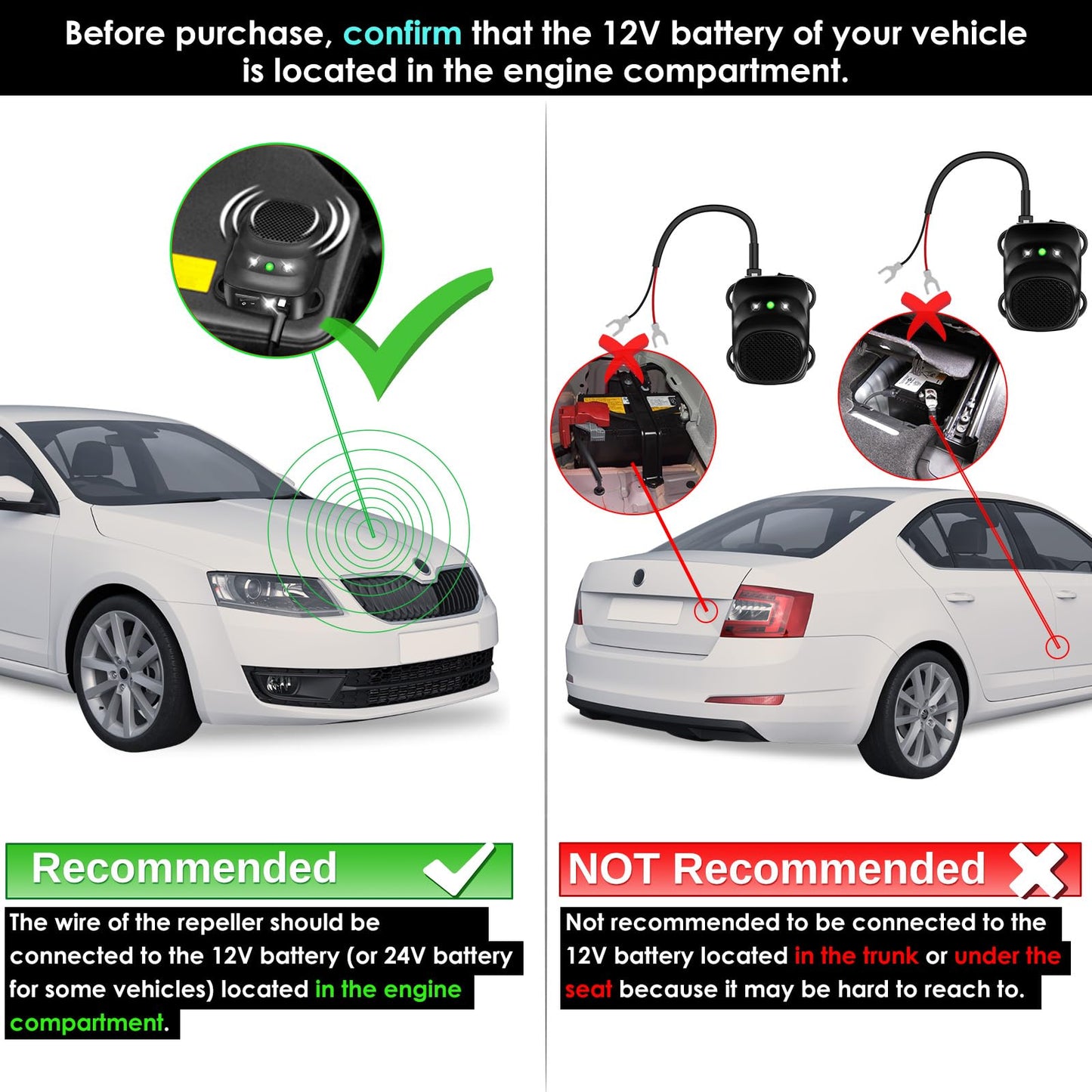 Loraffe Under Hood Rodent Repellent for Car Engines, 12V 24V Ultrasonic Mouse Deterrent with LED Strobe Lights – Mice and Rat Repeller for Truck, RV, Vehicle Engine Protection, Pack of 2