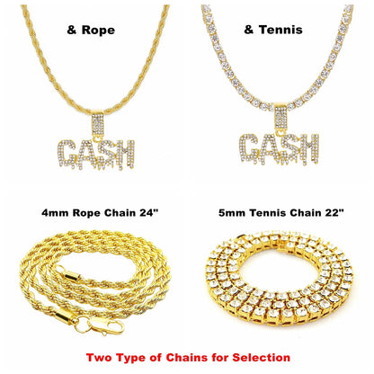 HH BLING EMPIRE Iced Out Name Pendant Chain Necklaces for Men Gold Silver Diamond Letter Necklace Hip Hop Cash Rope Chains 24 Inch (Cash-Gold,& Rope)