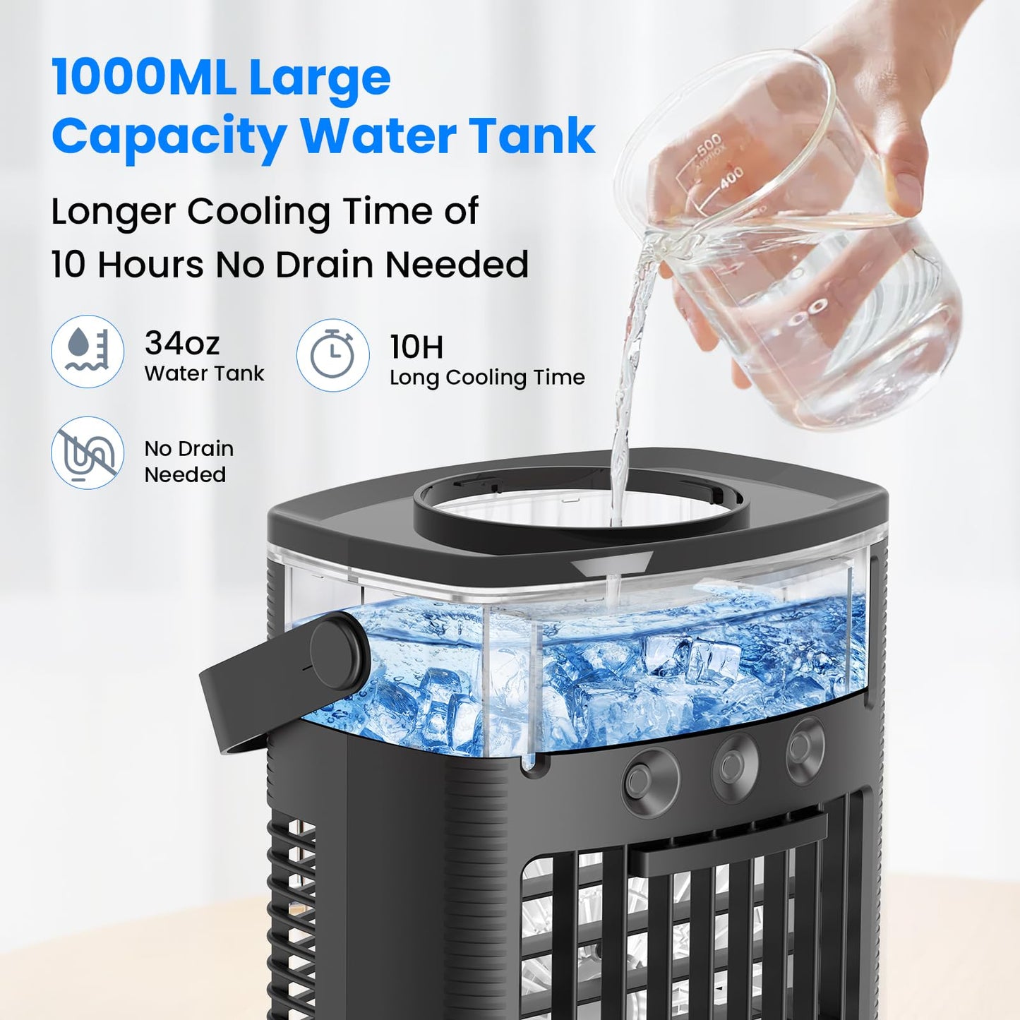 Portable Air Conditioners, Mini Air Conditioner Portable Cooling Fan with Remote Control, 3 Wind Speed & 3 Mist Level & 2-8H Timer & 7 LED Light Evaporative Air Cooler for Home Office Room, Black