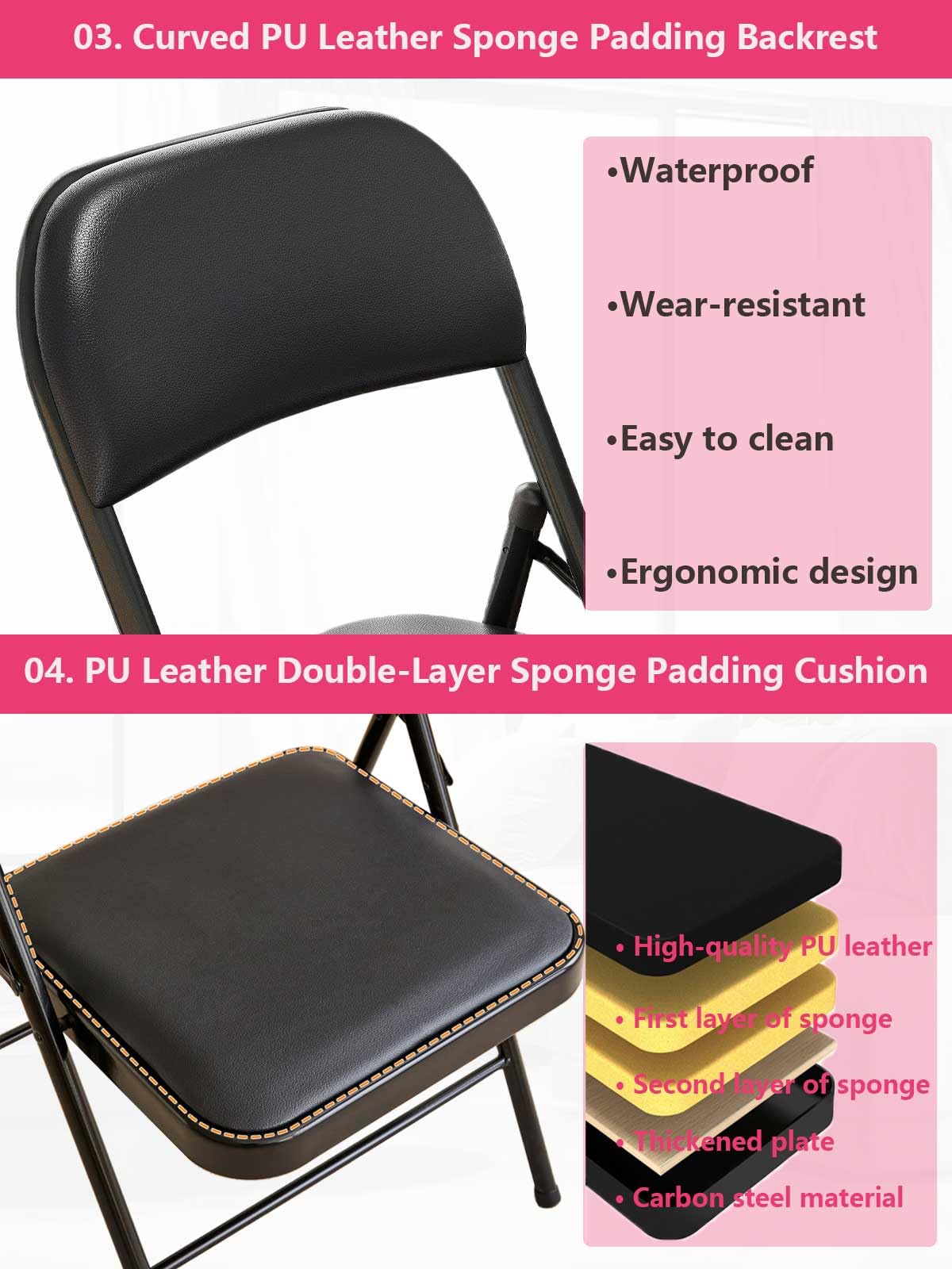 KAOCHA 1 Pack Bulk Folding Chairs with Padded Cushion, Single Black Steel Metal Frame Foldable Chair for Indoor and Outdoor, Portable Stackable Commercial Seat for Bedroom Patio Party Event