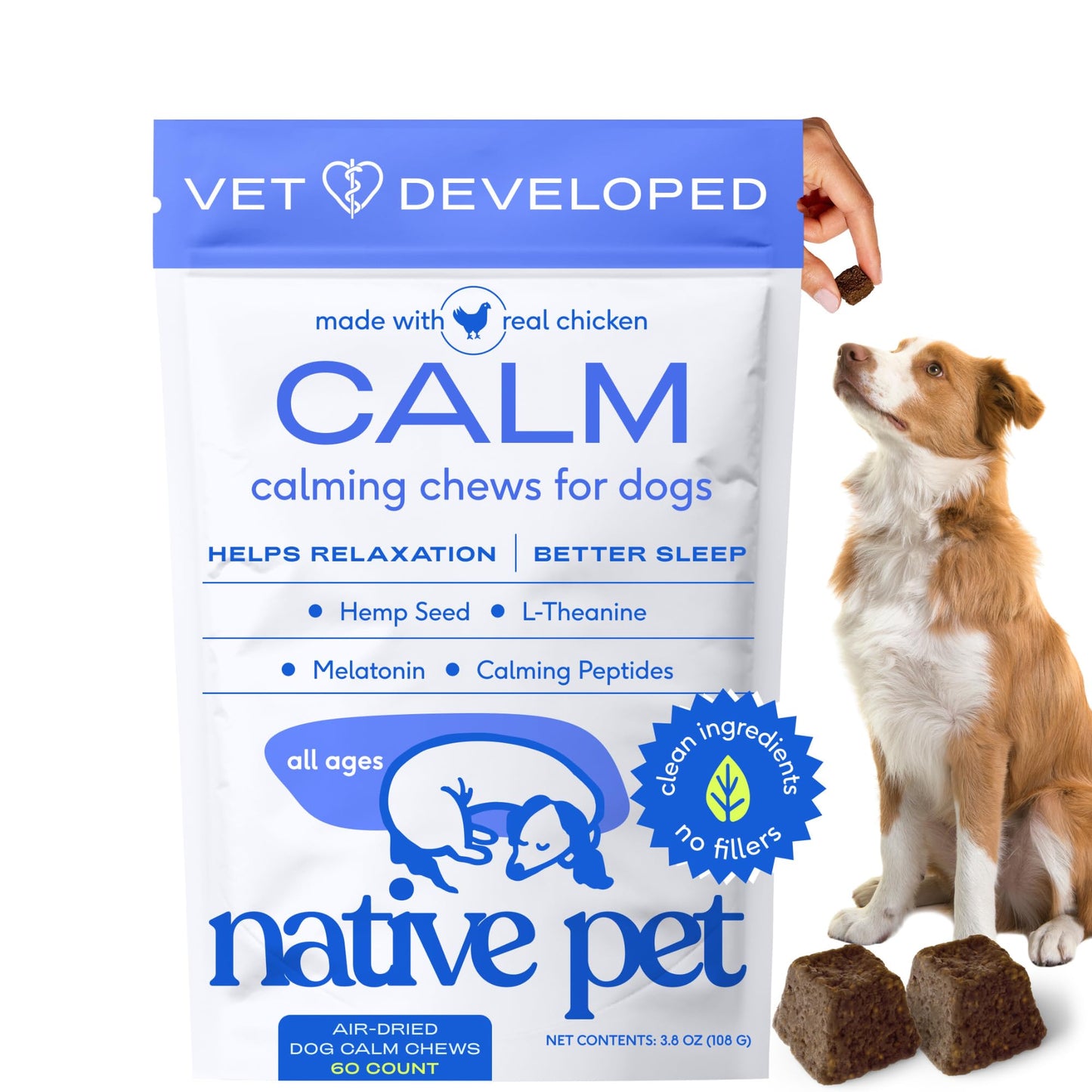 Native Pet Calming Chews for Dogs - Melatonin for Dogs Anxiety Relief - Grain Free All Natural Hemp Calming Treats & L-Theanine Helps Manage Stress & Separation Anxiety - Puppy Sleep Aid - 60 Chews