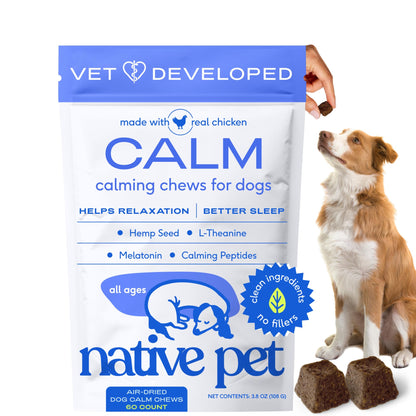 Native Pet Calming Chews for Dogs - Melatonin for Dogs Anxiety Relief - Grain Free All Natural Hemp Calming Treats & L-Theanine Helps Manage Stress & Separation Anxiety - Puppy Sleep Aid - 60 Chews