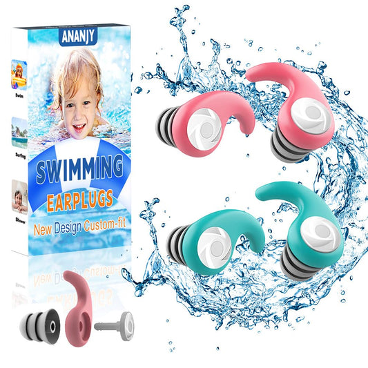 Waterproof Swimming Ear Plugs for Kids - 2 Pairs of Reusable Soft Silicone Swim Earplugs,Ear Protection for Children (4-12 Years Old) - Ideal for Surfing, Diving, Pool, Showering, and Water Sports