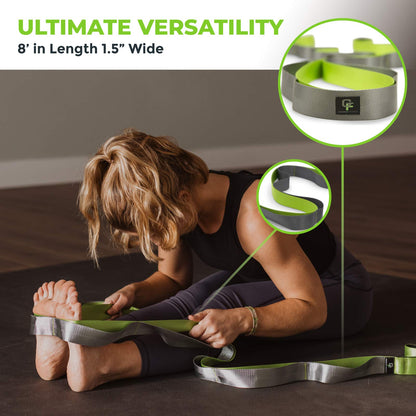 Gradient Fitness Stretching Strap for Physical Therapy, 12 Multi-Loop Stretch Strap 1.5" W x 8' L, Neoprene Handles, Physical Therapy Equipment, Yoga Straps for Stretching, Leg Stretcher, (Green/Grey)